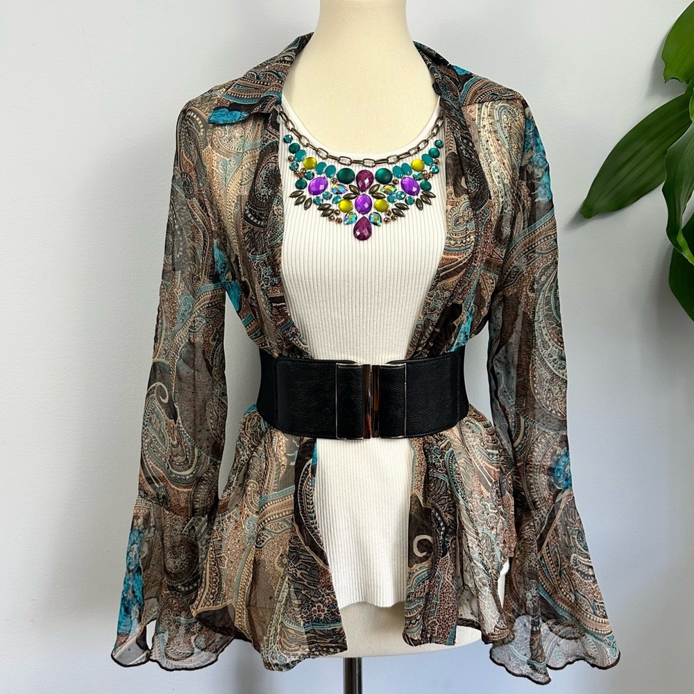 Bohemian Multicolor Paisley Sheer Blouse, Bell Sleeve Whimsigoth, 90’s B1